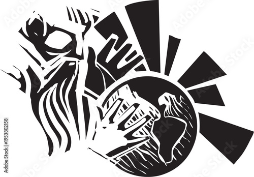 Woodcut style expressionist image of God creating the earth