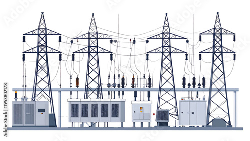Detailed electrical substation vector illustration with transmission towers, transformers, and circuit breakers showcasing power distribution infrastructure