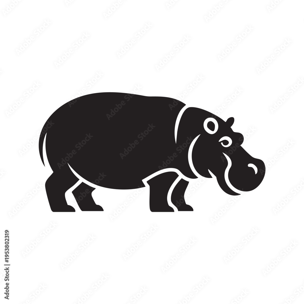Obraz premium An illustration of a hippopotamus standing in a natural landscape with a visible eye and open mouth showcasing its teeth in profile view.