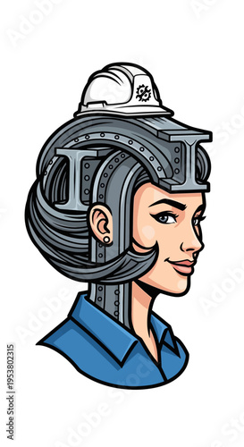 Woman with robotic headgear on head.