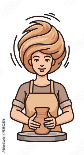 Woman working on pottery wheel.