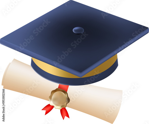 3d diploma scroll with graduate hat. Vintage roll paper with blue mortarboard. Graduation education certificate of university, college, or school. Vector illustration. EPS 10.