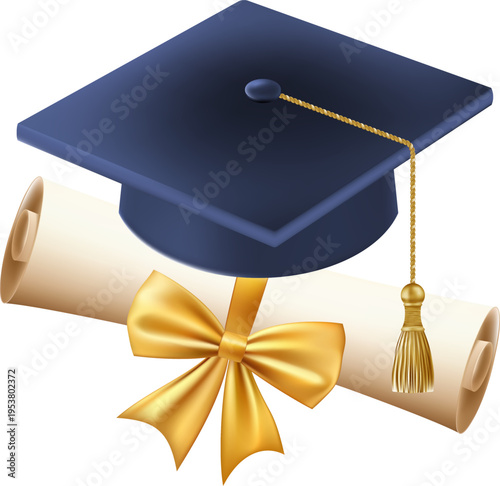 3d diploma scroll with graduate hat. Vintage roll paper with blue mortarboard. Graduation education certificate of university, college, or school. Vector illustration. EPS 10.