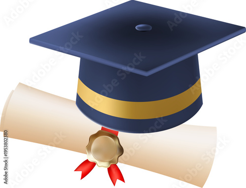 3d diploma scroll with graduate hat. Vintage roll paper with blue mortarboard. Graduation education certificate of university, college, or school. Vector illustration. EPS 10.