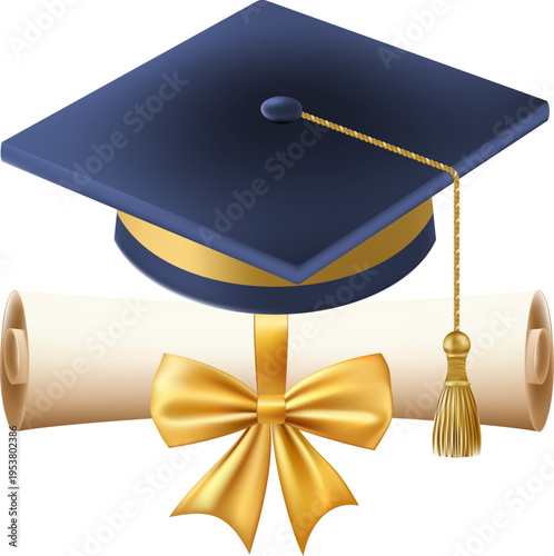 3d diploma scroll with graduate hat. Vintage roll paper with blue mortarboard. Graduation education certificate of university, college, or school. Vector illustration. EPS 10.