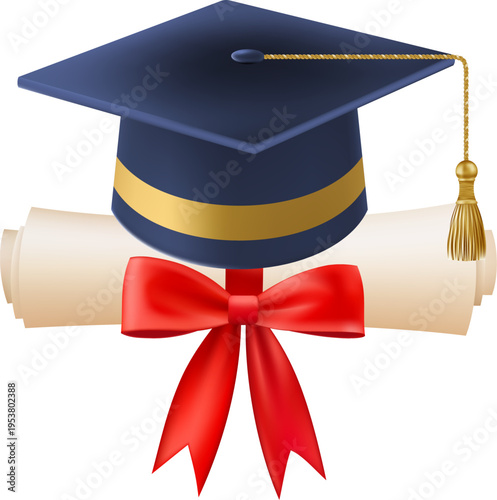 3d diploma scroll with graduate hat. Vintage roll paper with blue mortarboard. Graduation education certificate of university, college, or school. Vector illustration. EPS 10.