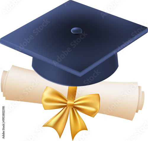 3d diploma scroll with graduate hat. Vintage roll paper with blue mortarboard. Graduation education certificate of university, college, or school. Vector illustration. EPS 10.