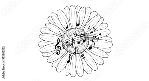 A black and white illustration of a flower with musical notes.