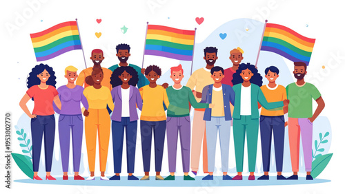 Diverse group of people holding rainbow flags celebrating LGBTQ pride, inclusive vector illustration promoting unity, acceptance, and equality