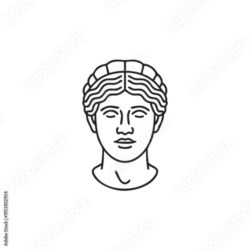 A detailed illustration of a serene ancient statue head with wavy hair and a calm expression on its face in a neutral environment.