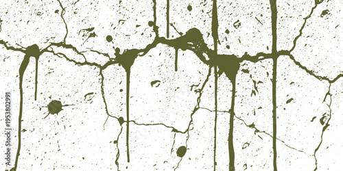 Cracked concrete wall with dripping olive green paint splatters, textured background with a grunge, distressed feel, suitable for urban or abstract art, concrete texture