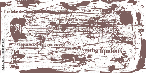 Heavily distressed brown grunge paper texture background with faded illegible text, abstract lines, and stains for vintage graphic design, sepia tone