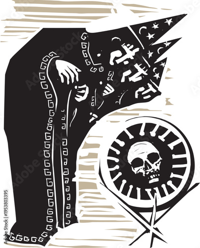 Woodcut style image of  Three Wizards staring into a crystal ball with a covid skull inside