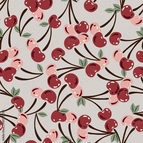 Pink and Red Cherry Twigs Vector Seamless Pattern