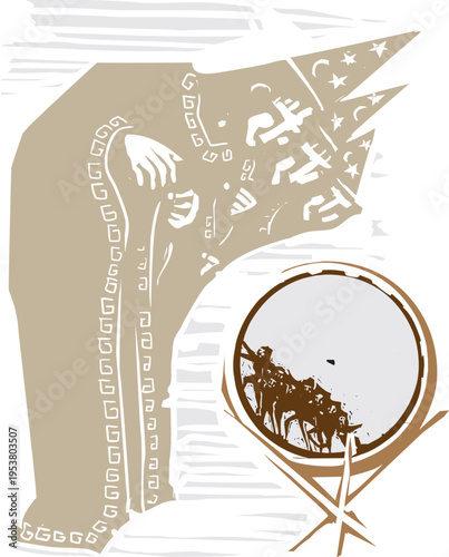 Woodcut style image of  Three Wizards staring into a crystal ball with people trapped inside