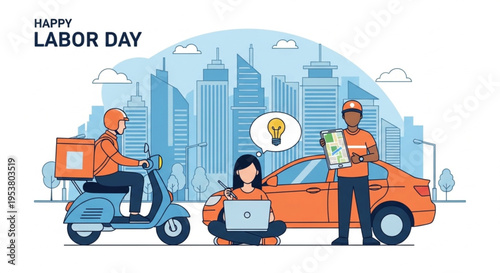 Modern Labor Day Illustration Featuring Freelancers Delivery Courier and Ride Share Driver in Smart City Lifestyle Concept