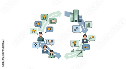 Flat 2D illustration of a strong customer relationship concept with people interacting and exchanging ideas in a circular flowchart on a white background.