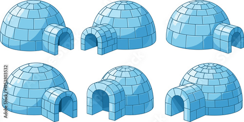 Igloo houses collection with ice block structures isolated on white background winter shelter vector illustration set