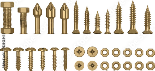 Golden screws bolts nuts and fasteners set isolated on white background metallic hardware vector illustration construction elements collection