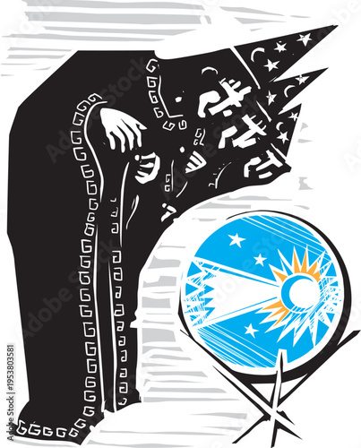 Woodcut style image of  Three Wizards staring into a crystal ball with a comet inside