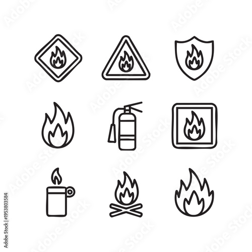 A collection of various fire warning and safety icons are shown in a grid layout on a white background with flames firefighter and equipment.