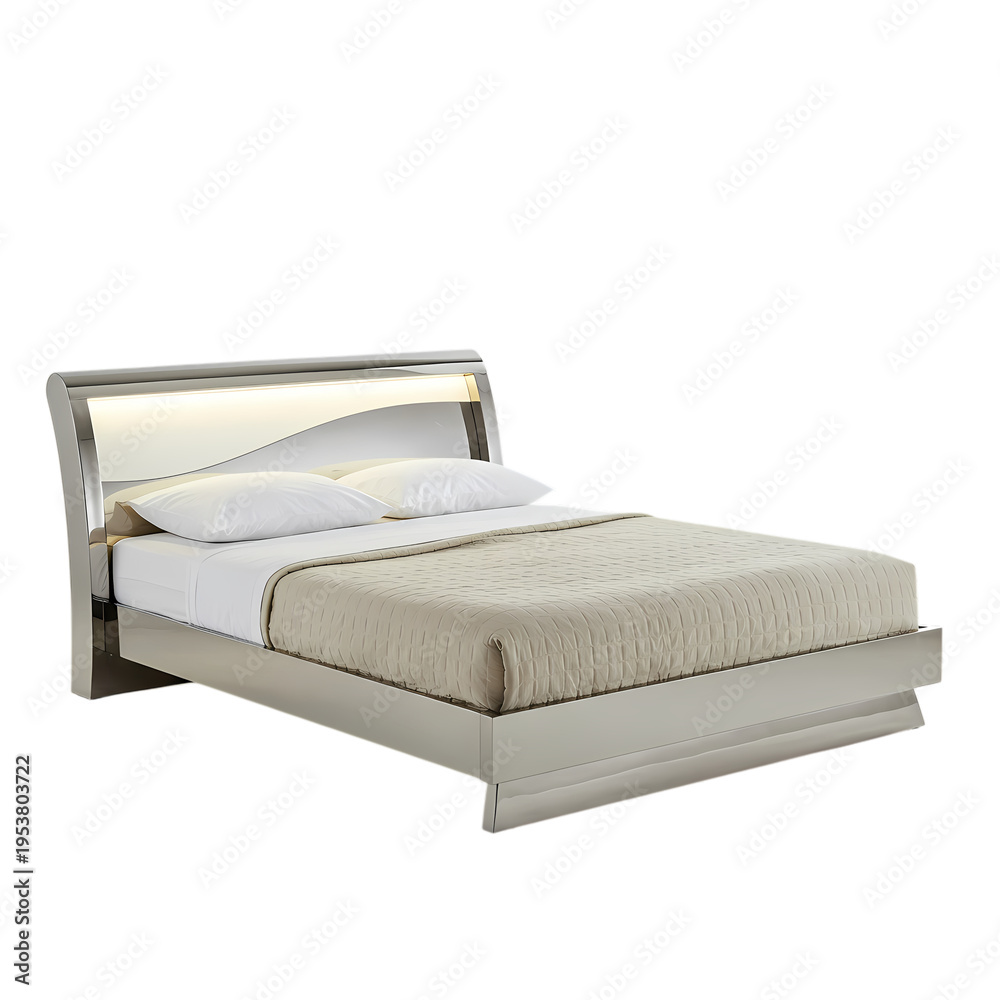 Obraz premium Modern metallic bed frame with integrated lighting and plush bedding captured in a clean studio photograph