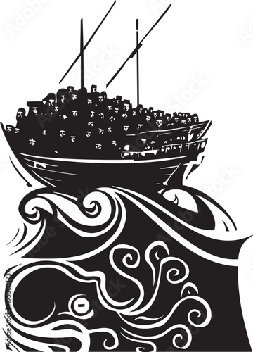 Woodcut style expressionist image of refugees at sea riding an arabic dhow