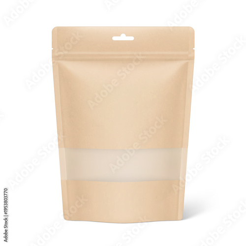 Realistic stand up pouch bag mockup with clear window and euro slot. Vector illustration isolated on white background. Easy to make a realistic mockup of your product. EPS10.
