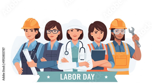 Labor Day Workforce Concept with Women in Hard Hats and Medical Uniform Career Equality and Diversity Theme