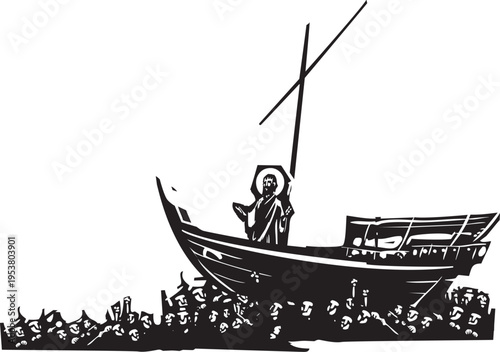 Woodcut style image of Christ on Boat at Galilee which is shown as an ocean of people