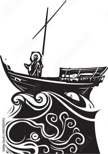 Woodcut style image of Christ on Boat at Galilee