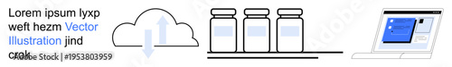 Cloud technology, pharmaceutical logistics, digital healthcare, remote data access, software, storage solutions. Cloud symbol, medicine vials and laptop screen. Cloud technology and pharmaceutical