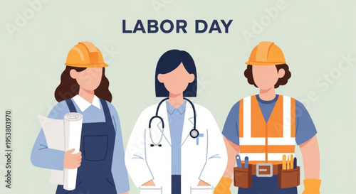 Labor Day Background Showing Female Workforce in Engineering Medical and Construction Jobs Empowerment Concept