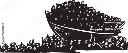 Woodcut style expressionist image of refugees ina sea of people riding an arabic dhow