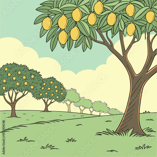 The mango orchard stretched endlessly, its branches heavy with bright yellow fruits glowing under the warm sunlight. 1