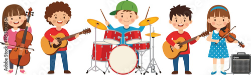 Kids playing musical instruments including guitar drums violin and cello isolated on white background cartoon vector illustration set