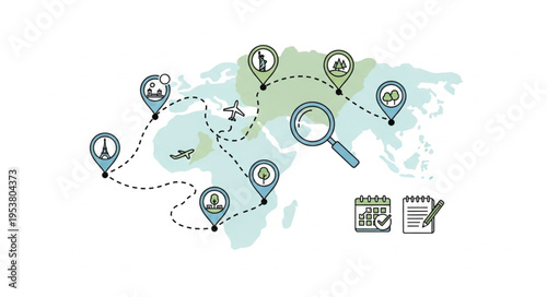 World Travel Route Planning with Magnifying Glass and Landmarks.