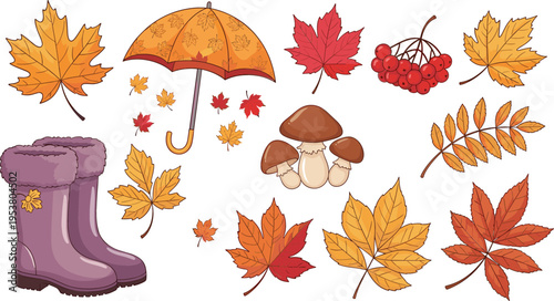Autumn Elements Set Featuring Colorful Fall Leaves, Umbrella, Mushrooms, and Rubber Boots in Warm Tones