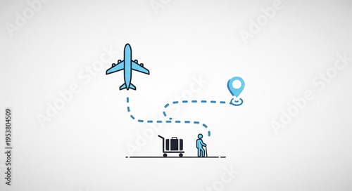 Travel Journey - Airplane, Luggage, and Destination Icon Illustration.