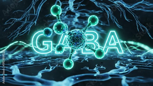Intricate scientific illustration showcasing the GABA molecule in a dynamic neural environment, highlighting its crucial role in brain communication, relaxation, and mental well-being