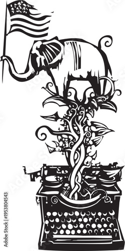 woodcut style image of an elephant holding an american flag emerging from a typewriter