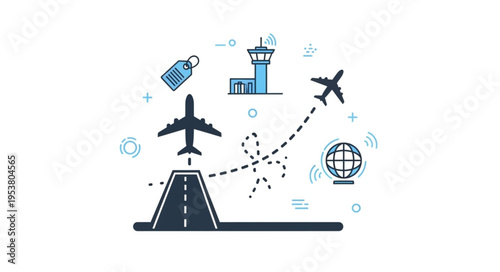 Airport Scene with Airplane Taking Off and Control Tower.