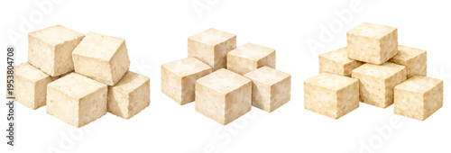 A clean collection of watercolor tofu cubes, featuring soft white soybean curd pieces arranged in different stacks, isolated on a transparent background.