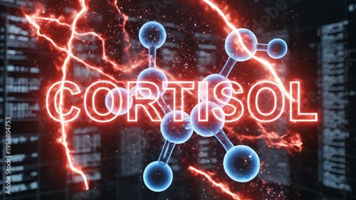 Dynamic visualization of the cortisol hormone's molecular structure, encircled by vibrant red energy, symbolizing its critical role in stress response and biological impact on health