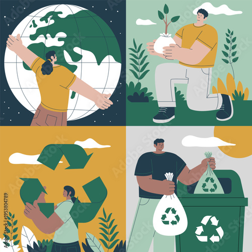 Sustainability 2x2 Illustration Set with Recycling and Green Energy