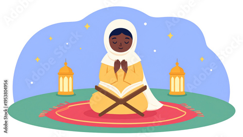 Peaceful Muslim person praying on mat with Quran and lanterns, spiritual Ramadan vector illustration symbolizing faith and reflection