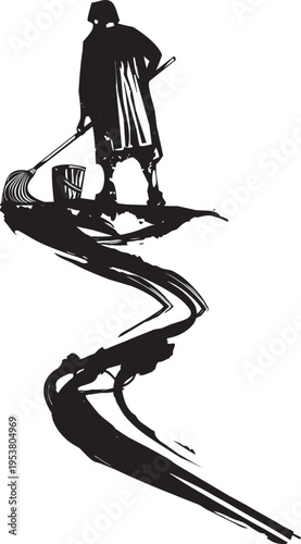 Woodcut style image of an old scrub woman mopping the floor