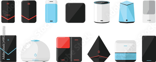 Modern smart home devices collection including speakers humidifiers and gadgets isolated on white background flat vector illustration set
