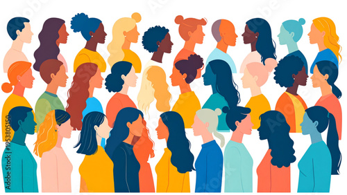 Vibrant side‑profile silhouettes of diverse people arranged in rows, colorful vector illustration symbolizing unity, inclusion, and human diversity