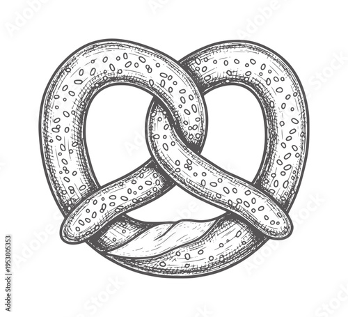 Black and white hand drawn pretzel with texture baked dough twisted